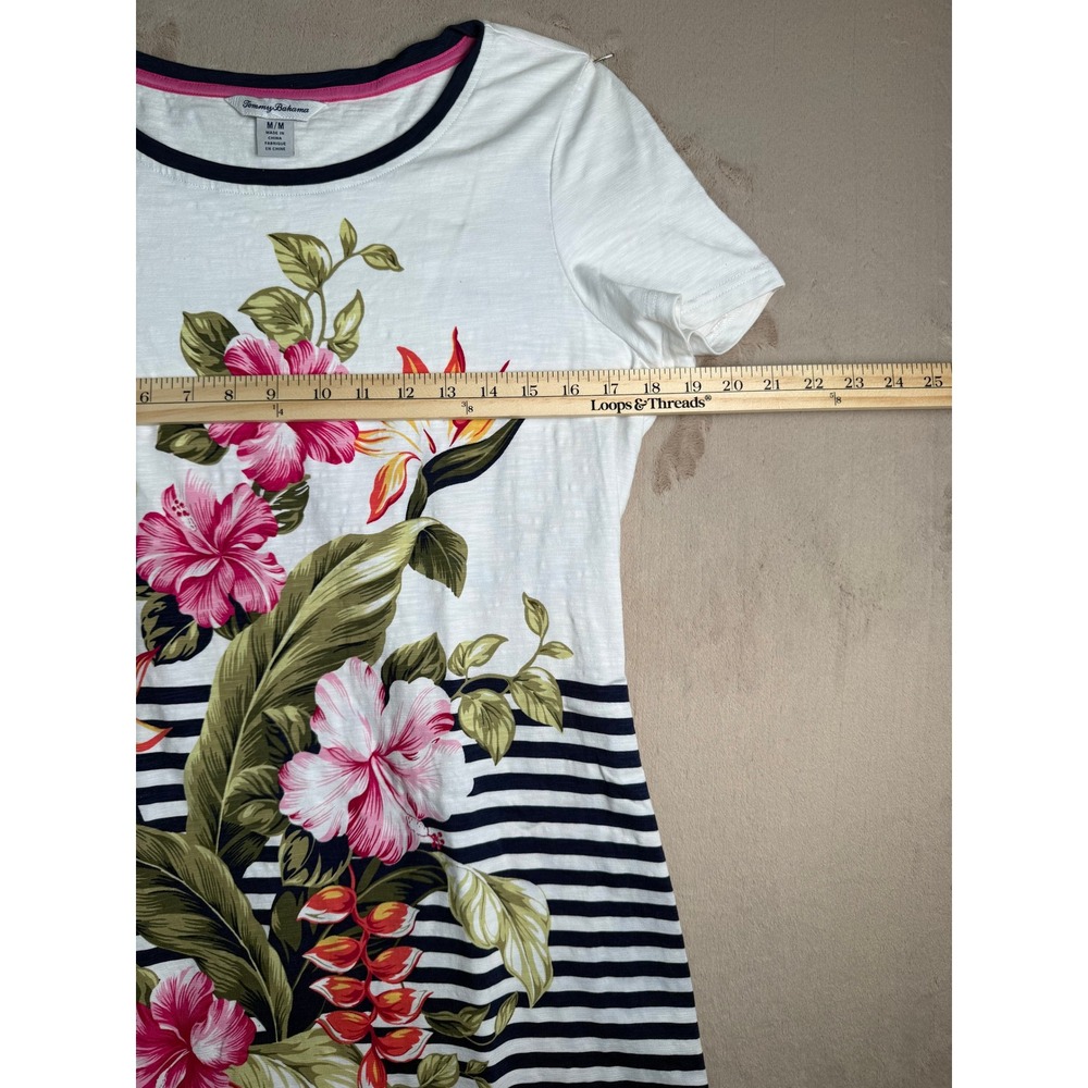 Tommy Bahama Kahuna Cotton Floral Stripe T-Shirt Dress Womens M White Navy - Picture 3 of 8